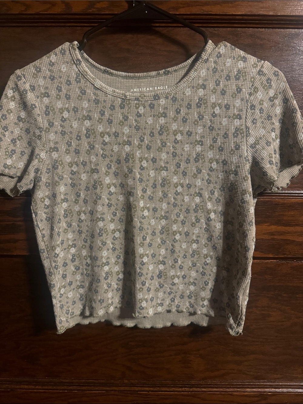 American Eagle Outfitters Green and GrayFloral Ribbed Crop Top with Blue Accents